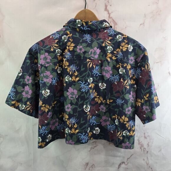 Wildfang Shirt Womens Large Floral Button Up Boxy Cropped Wildflower Navy - Picture 5 of 11